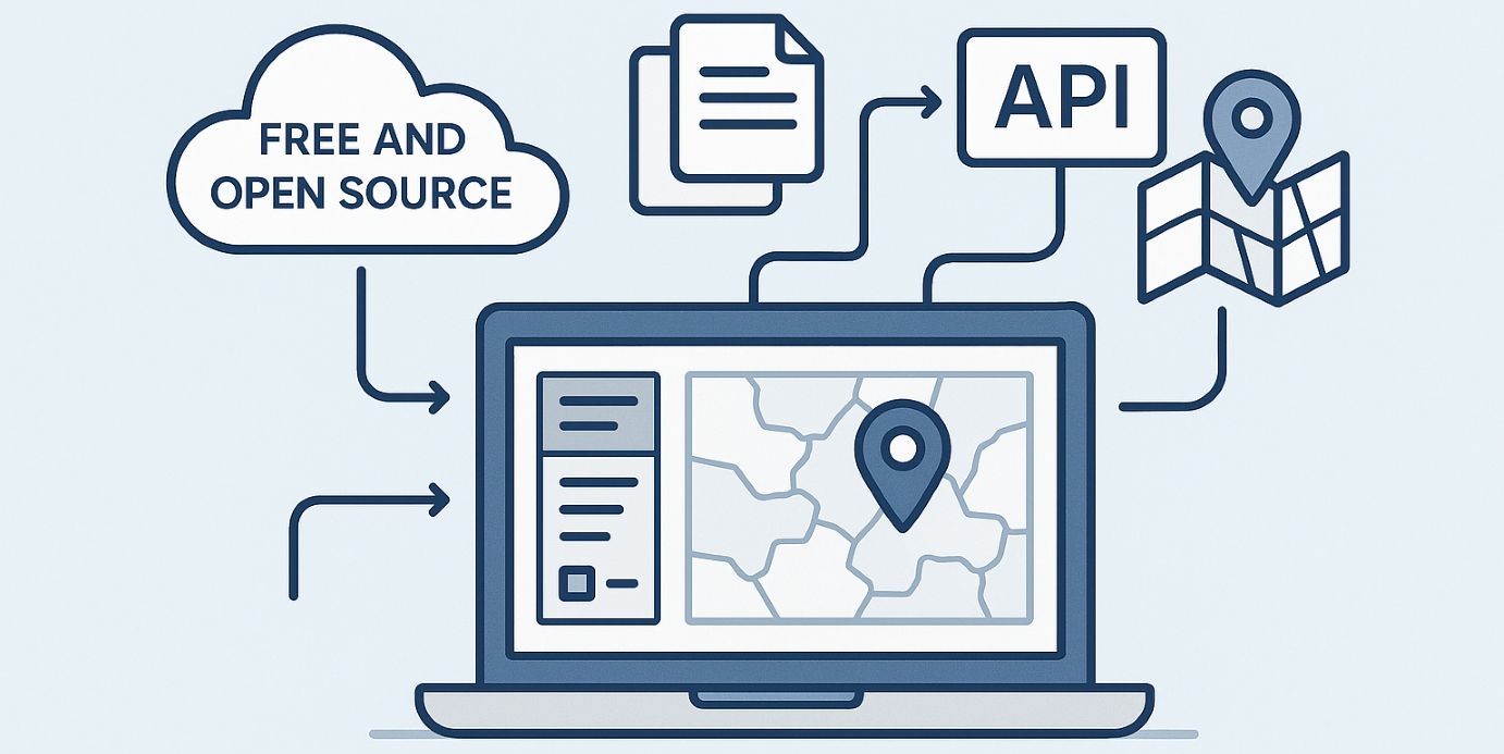 Illustration showing the use of Open Source GIS data: access to free resources, map visualisation, data retrieval and integration via APIs.