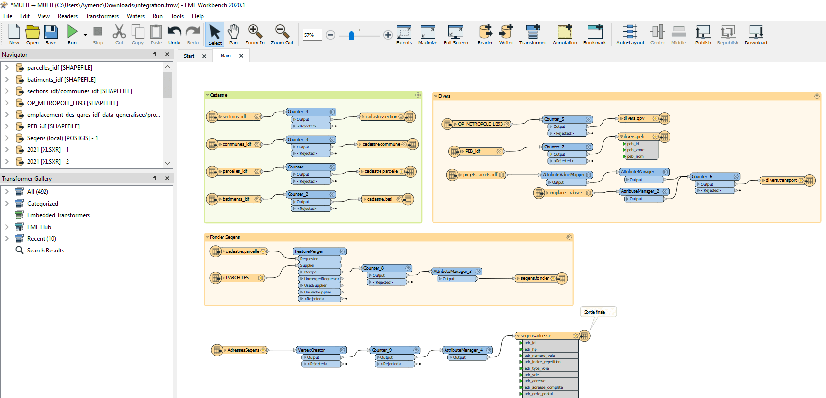 screenshot of the FME interface displaying a script with several transformers
