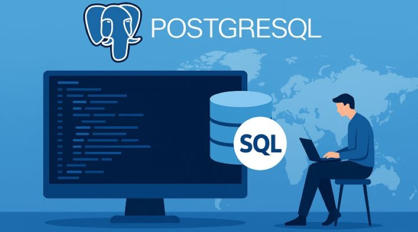 Illustration d'un développeur travaillant sur PostgreSQL et SQL, avec un écran affichant du code et des icônes de base de données, sur fond bleu avec logo PostgreSQL